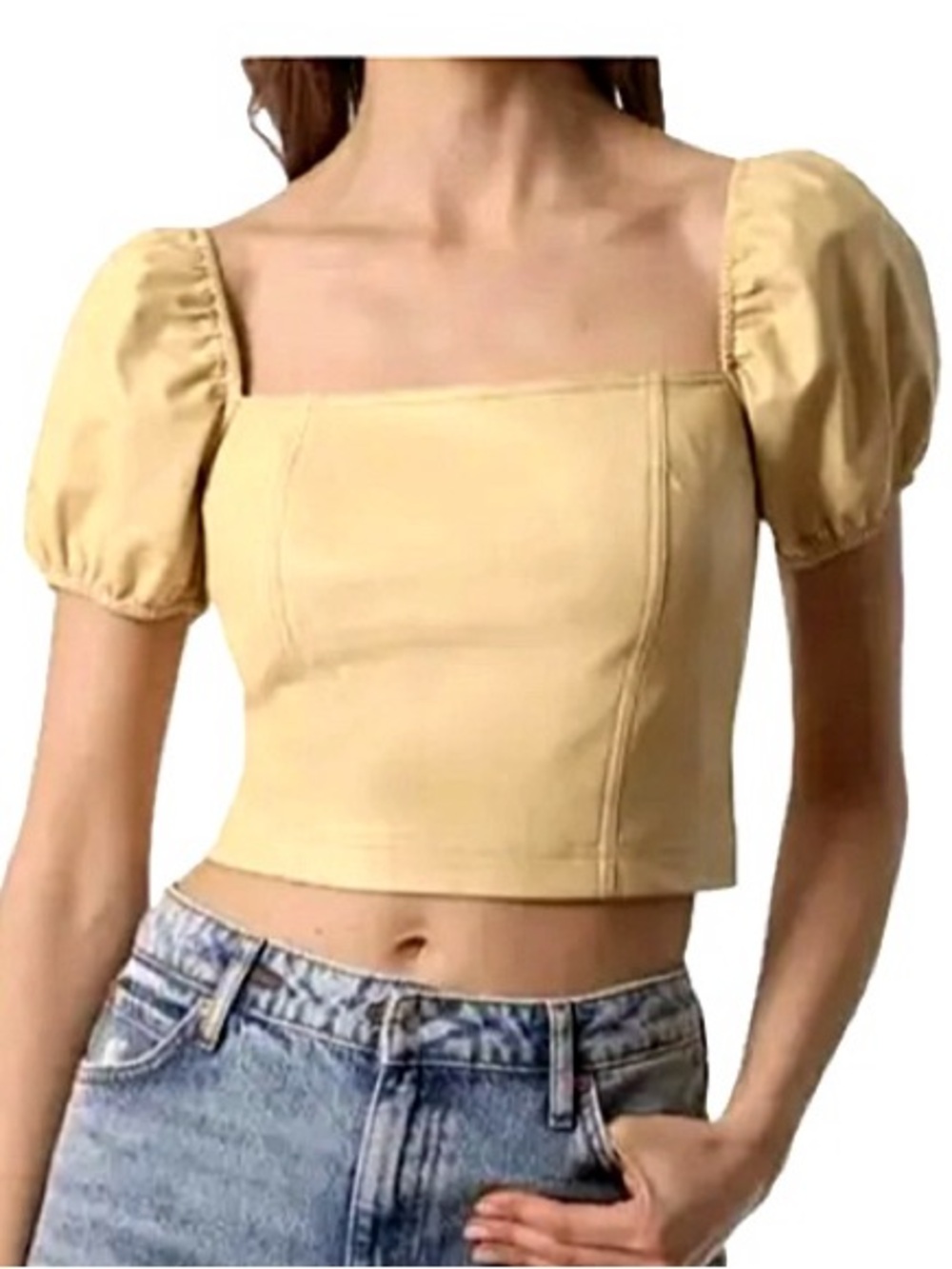 NWT Avec Les Filles Faux Leather Puff Sleeve Top Womens Size XS Butter Yellow